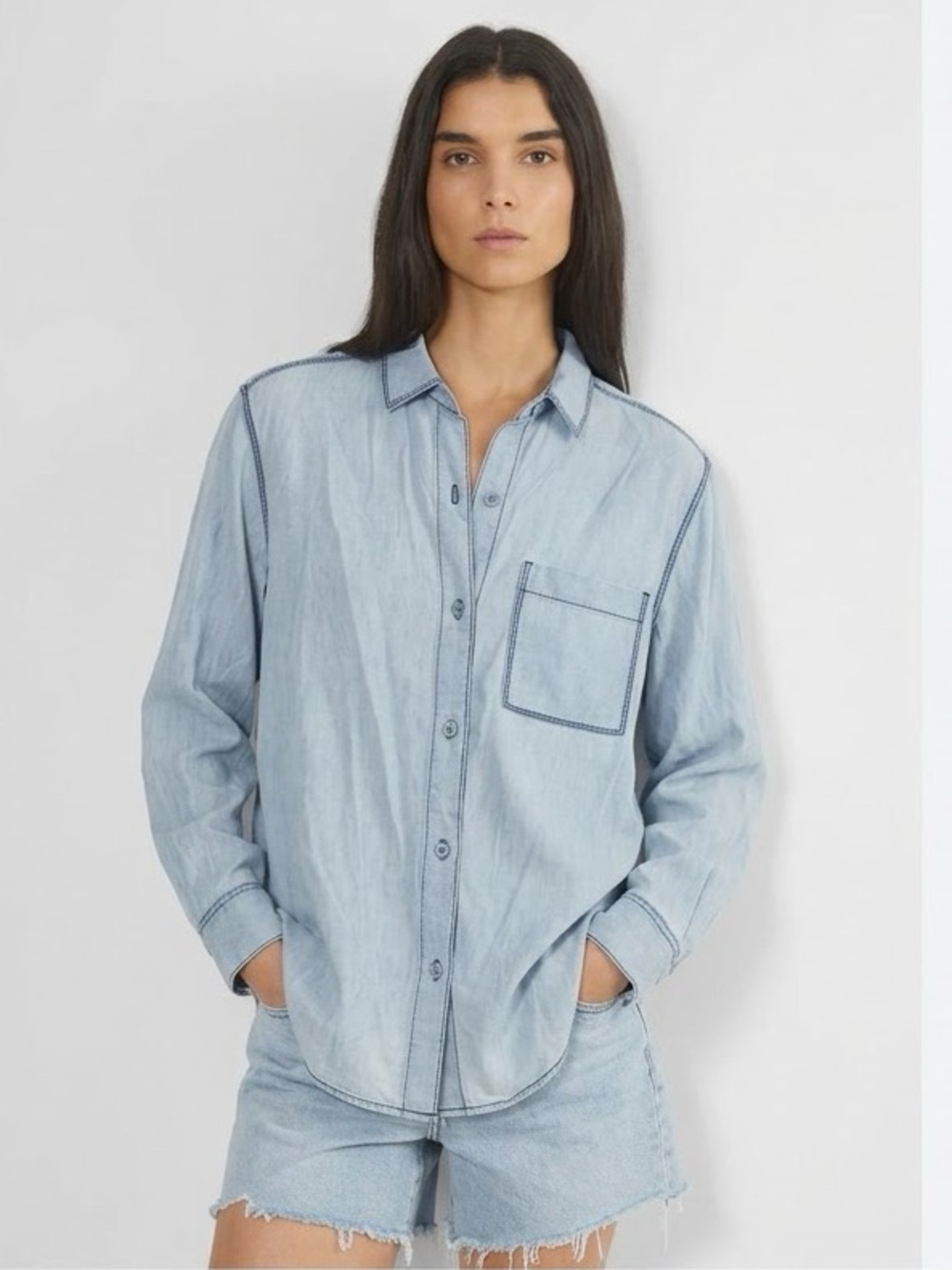 Aritzia Talula Blue Button Down Denim Shirt Size Small